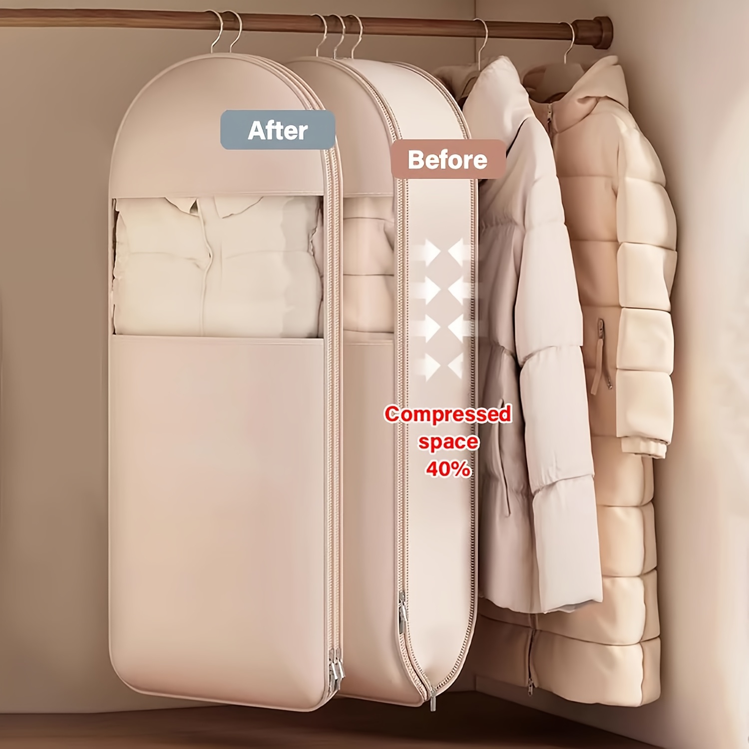 Winter Clothing Organizer - Beżowa torba kompresyjna do zawieszenia, oszczędność